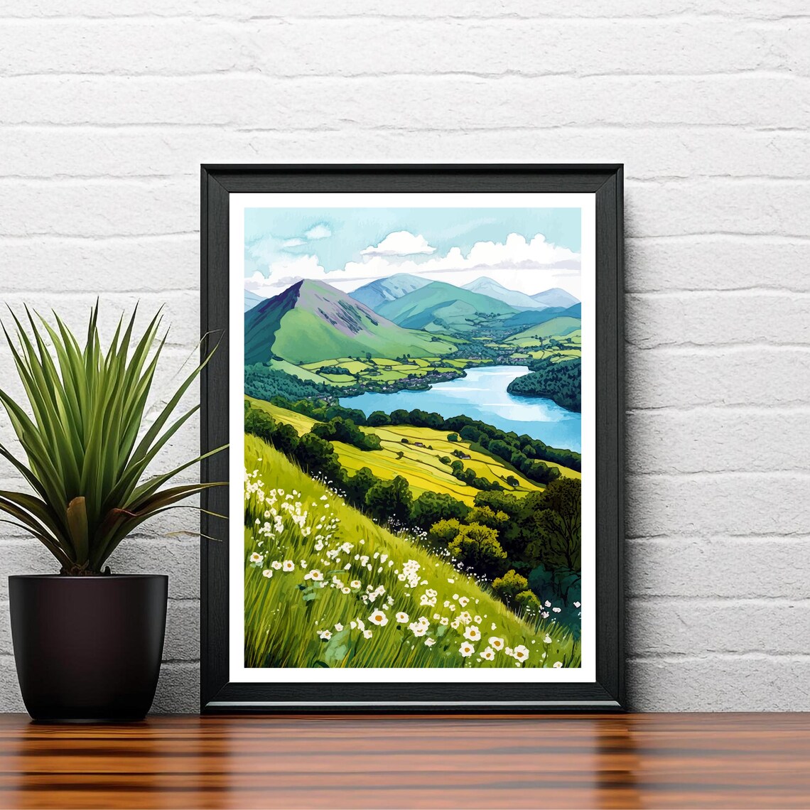 Cat Bells Lake District Fell Lakeside Mountains Wildflowers Art Poster - Image 2