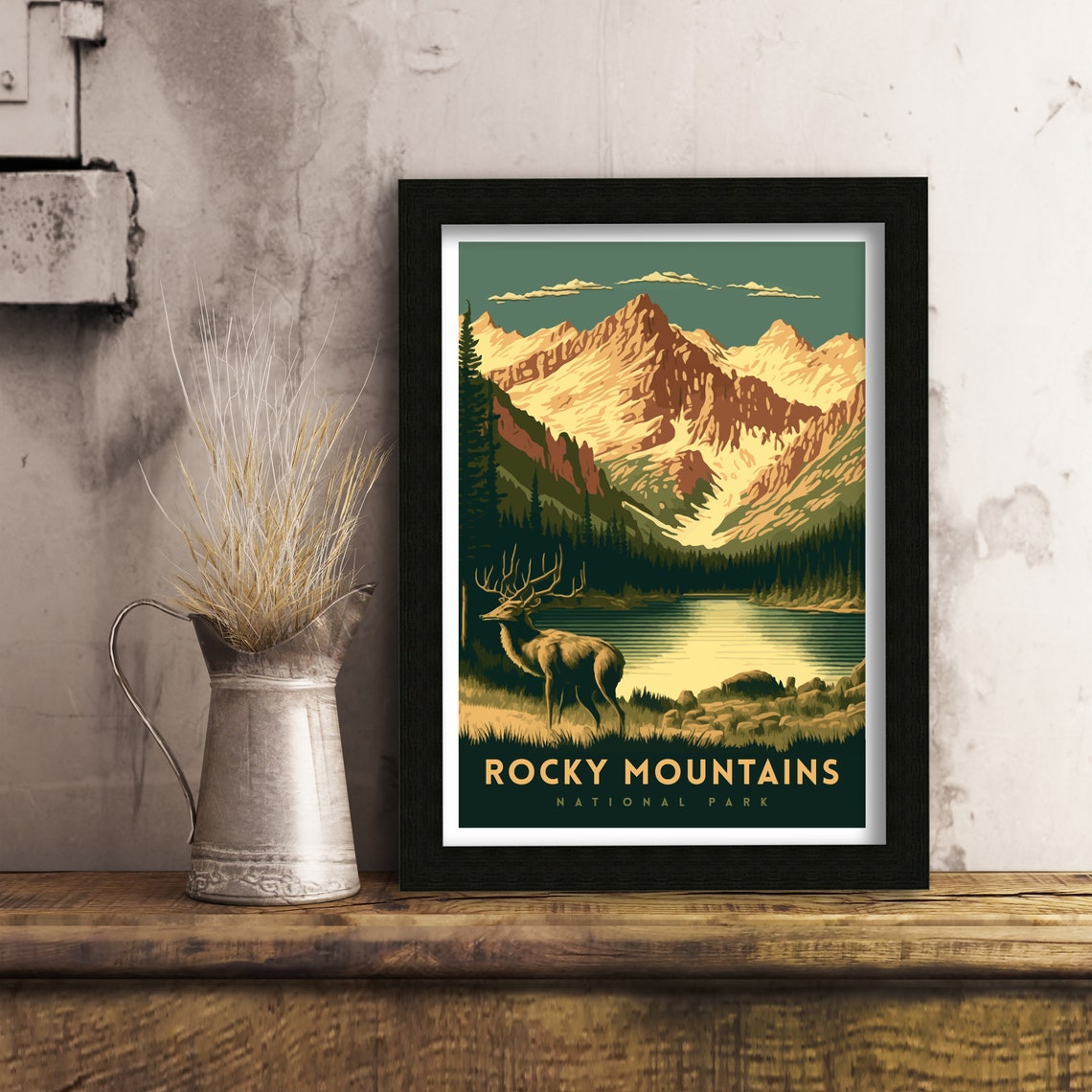 Rocky Mountains National Park Elk Lakeside Vintage Style Poster - Image 2