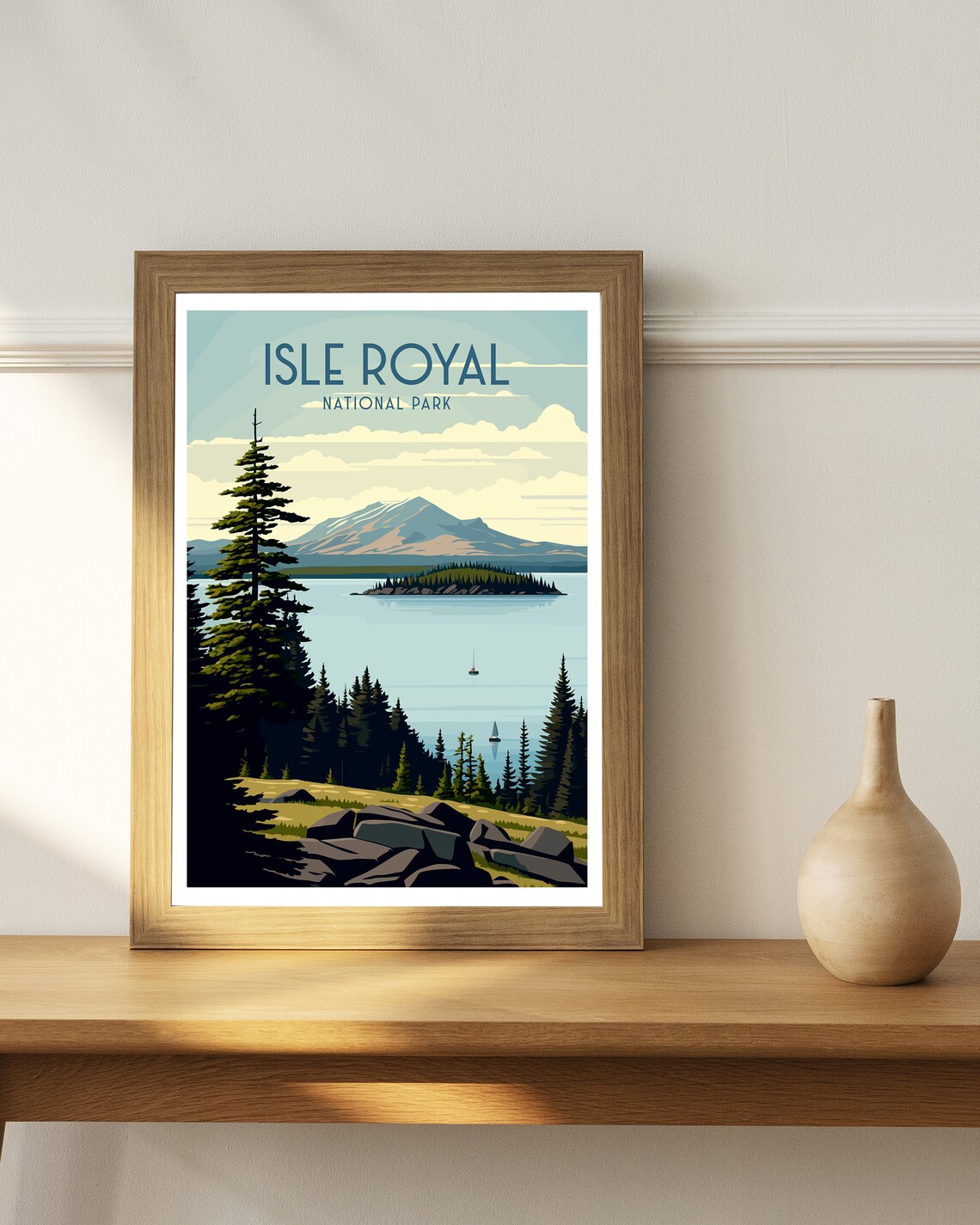 Isle Royal National Park Pines Lake Sailboats Retro Travel Poster - Image 3