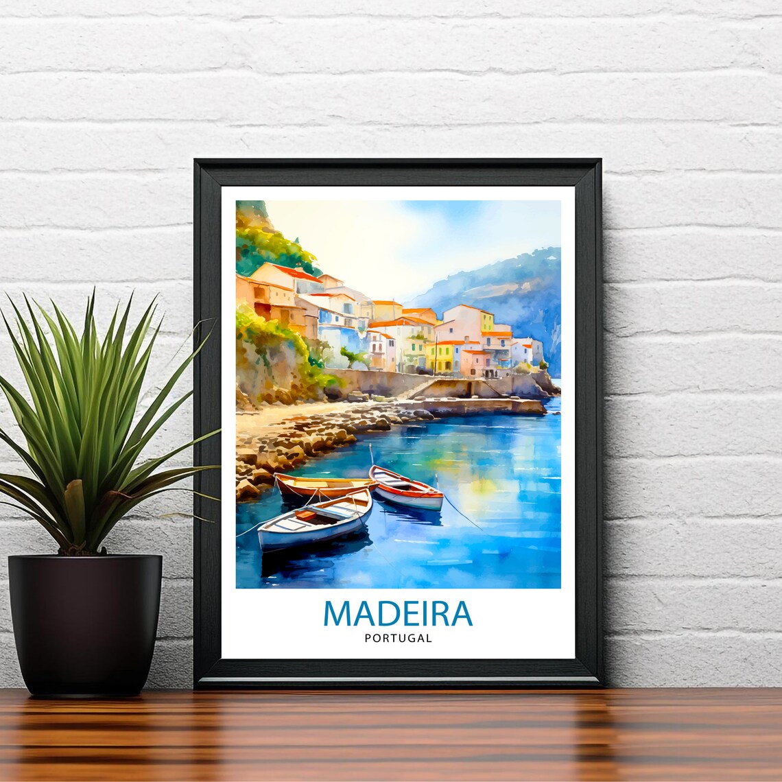 Madeira Portugal Fishing Boats Rocky Cove Watercolor Village Poster - Image 2