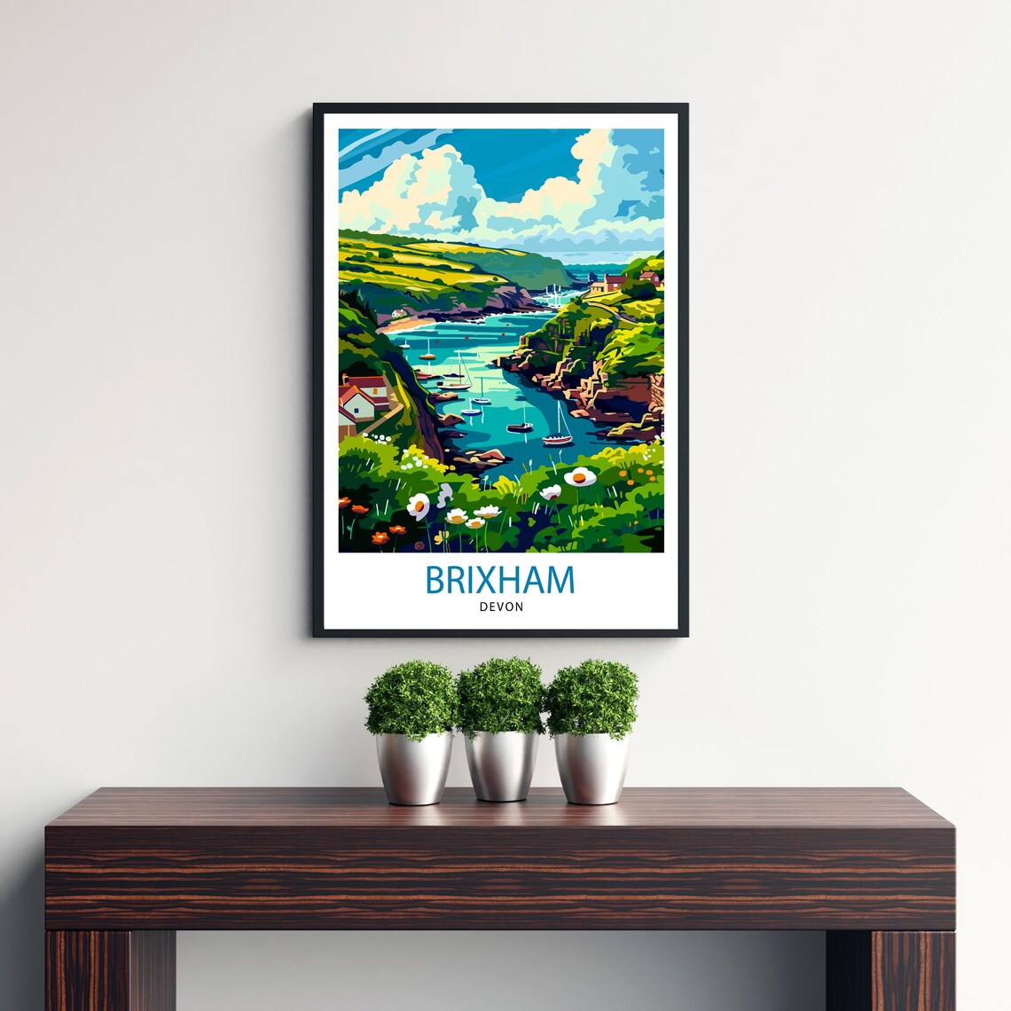 Brixham Devon Harbor Sailboats Wildflowers Coastal View Poster - Image 3