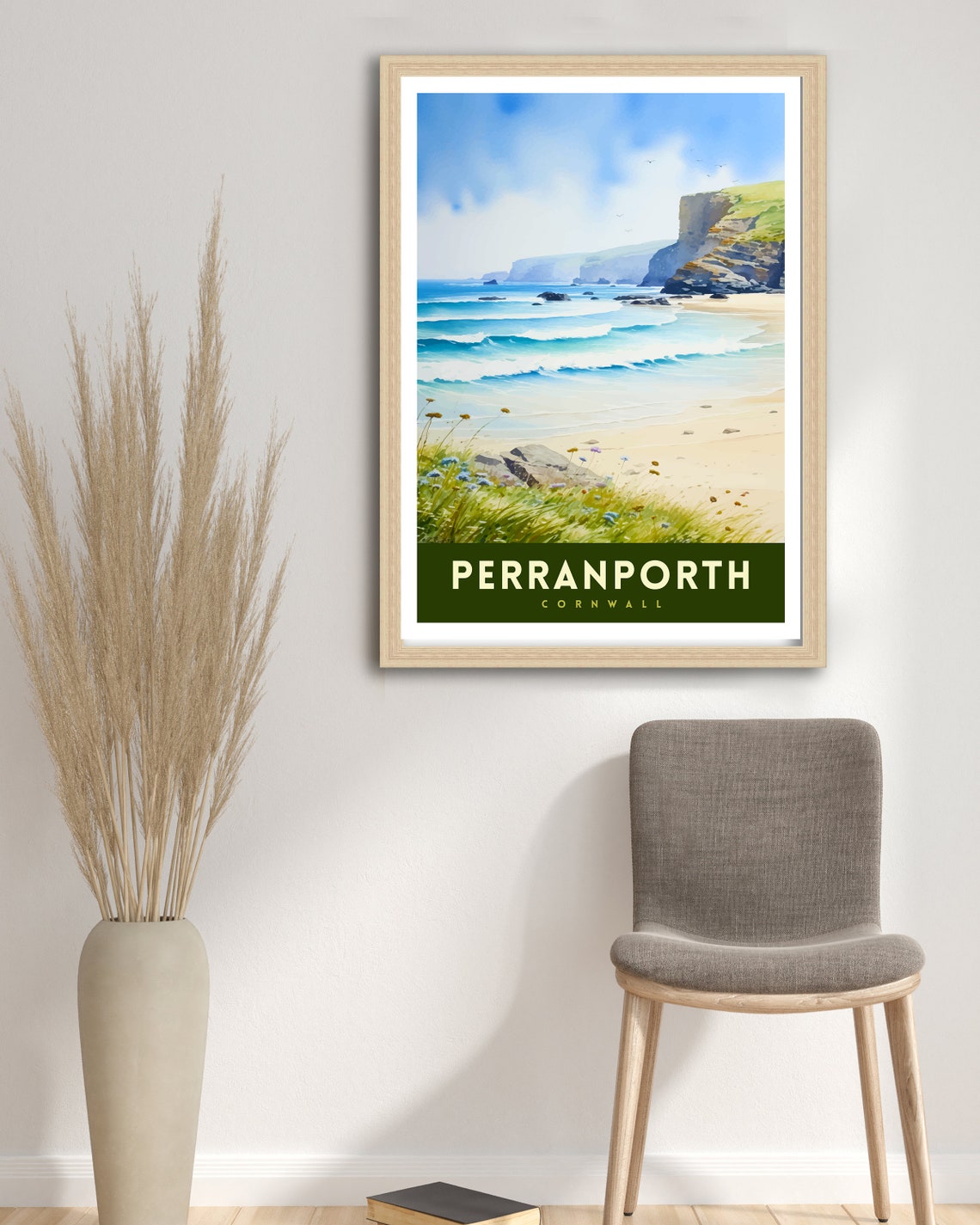 Perranporth Cornwall Sandy Beach Cliffs Watercolor Art Poster - Image 3