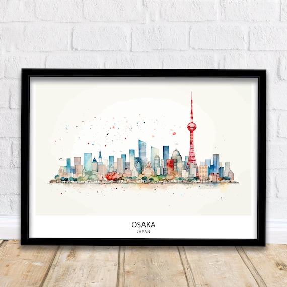 Osaka Japan City Skyline Watercolor Modern Cityscape Travel Poster