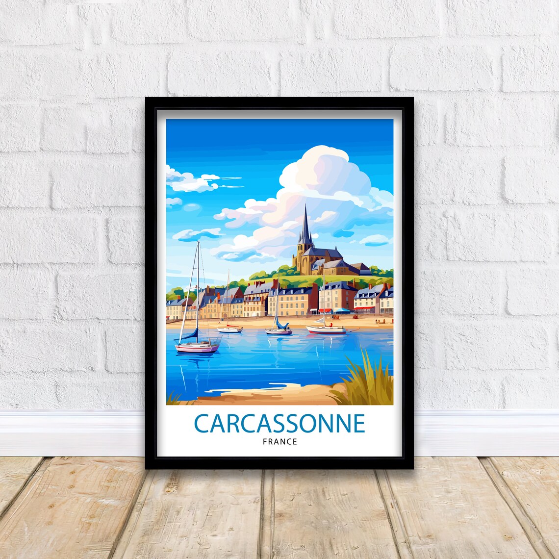 Carcassonne France Sunny Harbor Sailboats Hill Church View Poster - Image 2