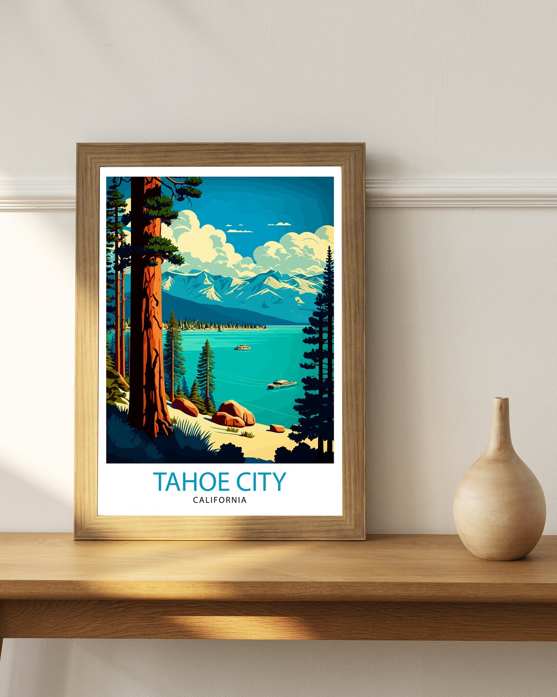 Tahoe City California Lake Pines Mountains Boats Vintage Travel Poster - Image 2