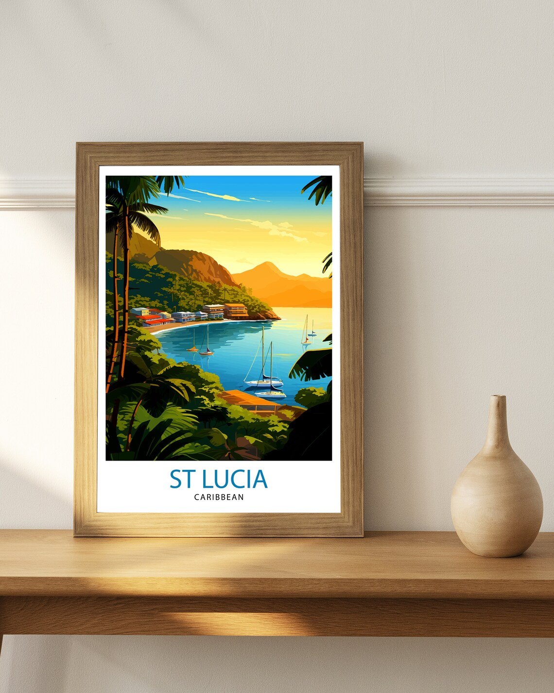 St Lucia Caribbean Golden Sunset Bay Sailboats Travel Art Poster - Image 3