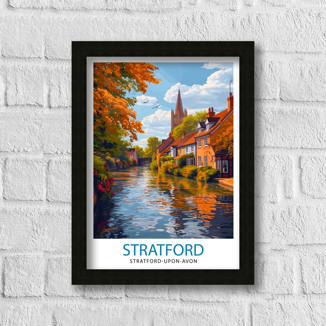 Stratford upon Avon Autumn Canal Reflection Illustrated Travel Poster - Image 3