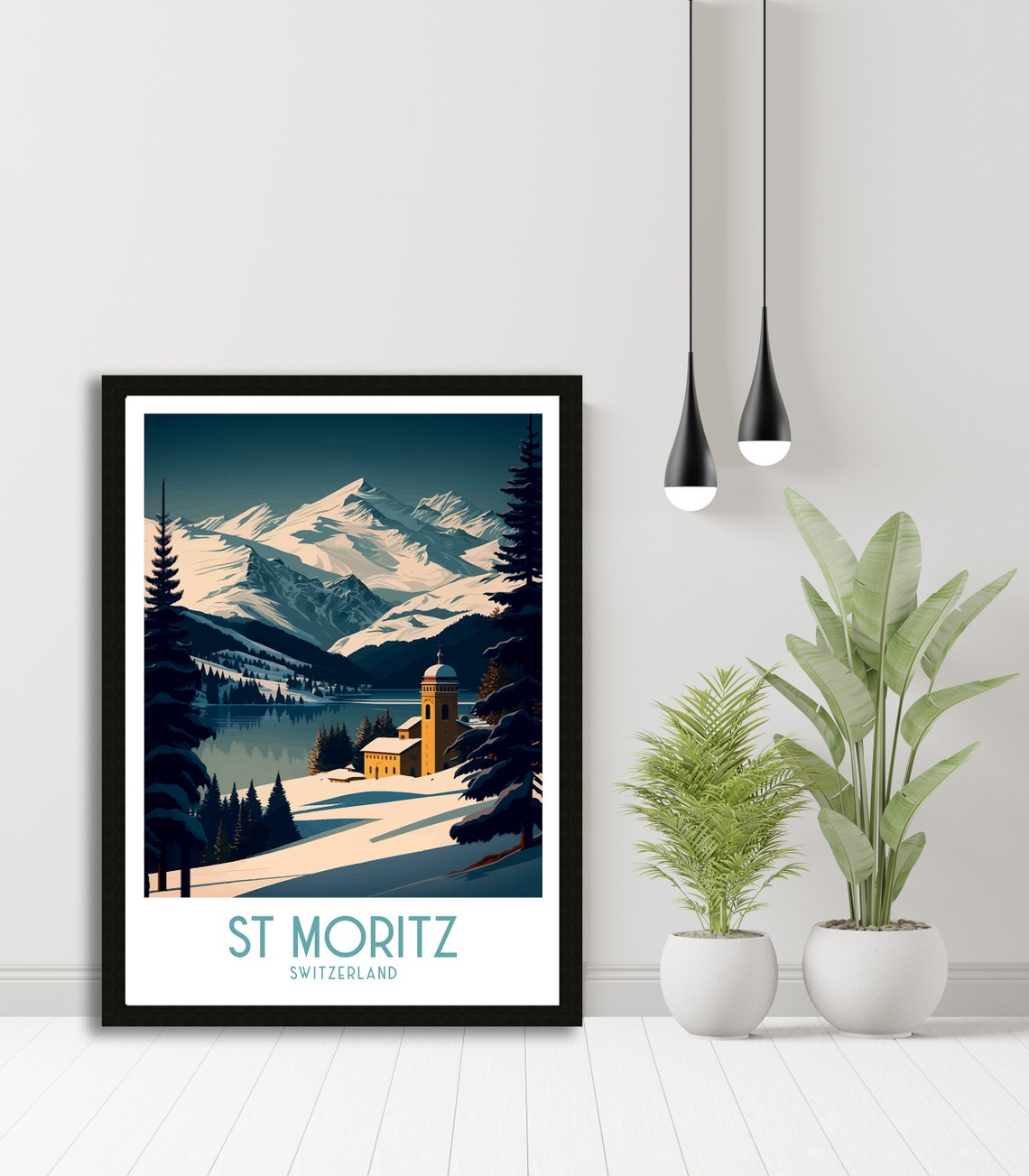 St Moritz Switzerland Snowy Peaks Alpine Chapel Night Art Poster - Image 2