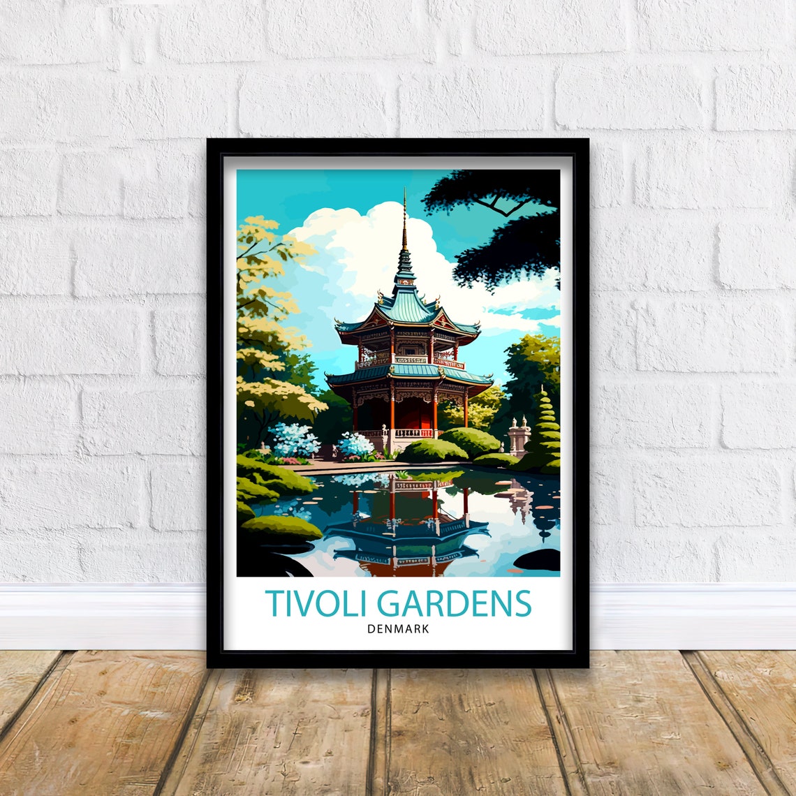 Tivoli Gardens Denmark Pagoda Pond Reflection Evening Amusement Poster