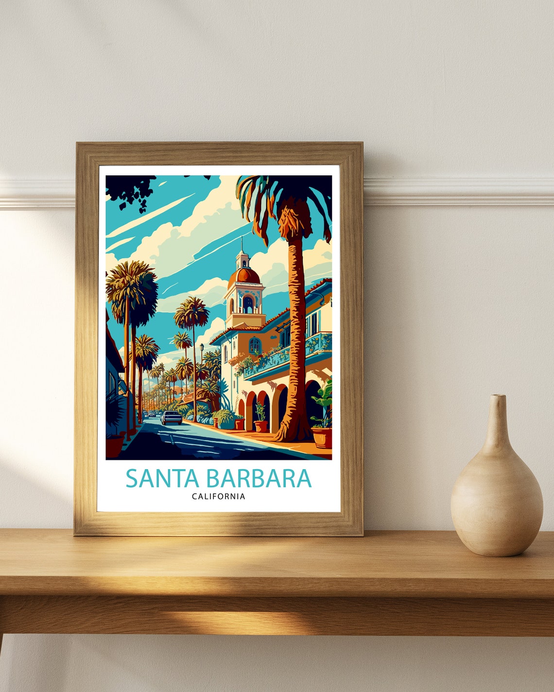 Santa Barbara California Palm Lined Street Mission Style Travel Poster - Image 2