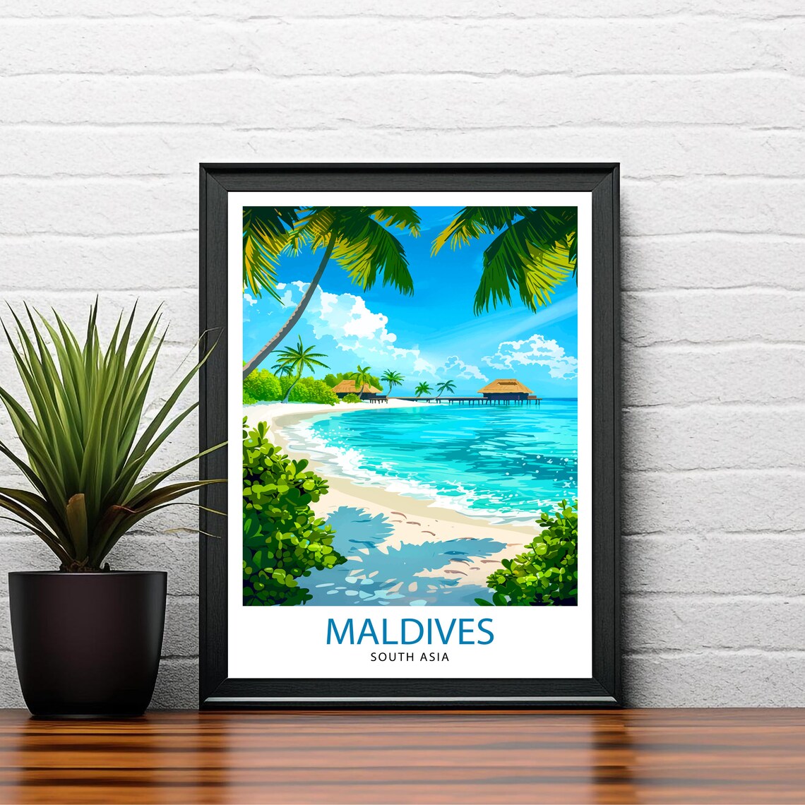 Maldives Tropical Beach Travel Poster Turquoise Lagoon Palm Art - Image 2