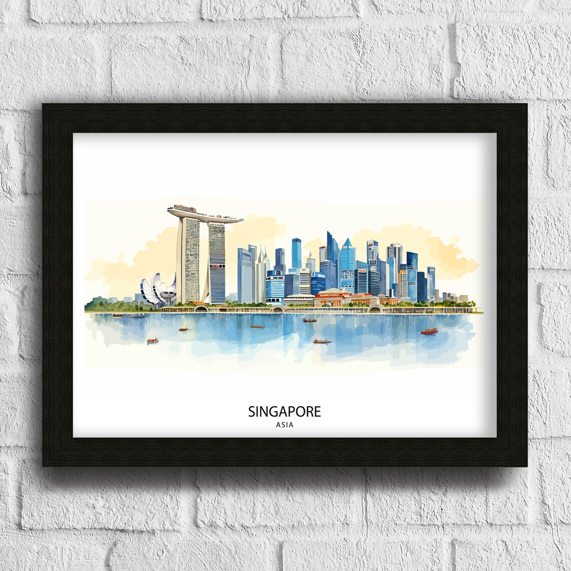 Singapore Asia Skyline Watercolor Marina Bay Sands Style Travel Poster - Image 3