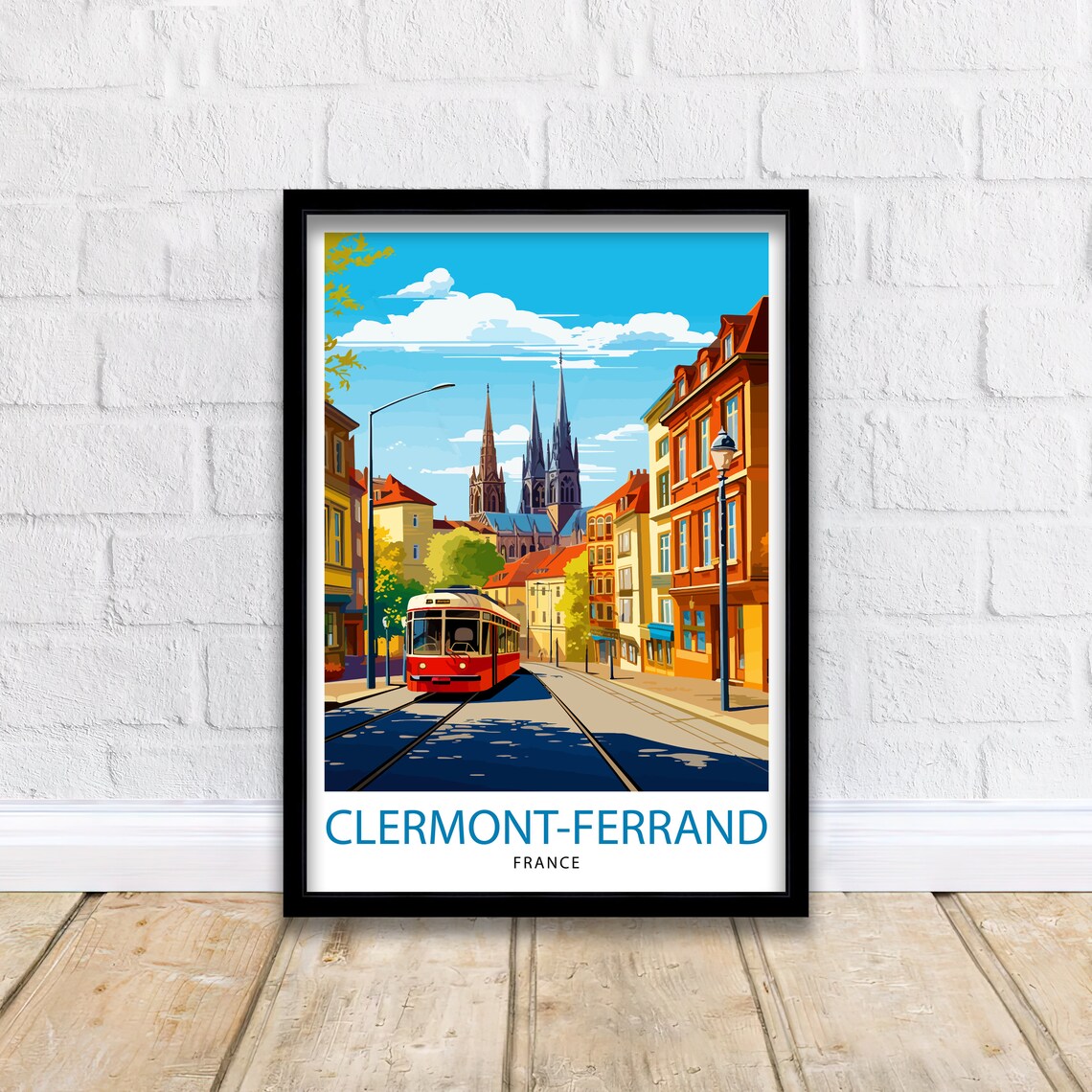 Clermont Ferrand France Red Tram Cathedral Street Travel Poster - Image 2