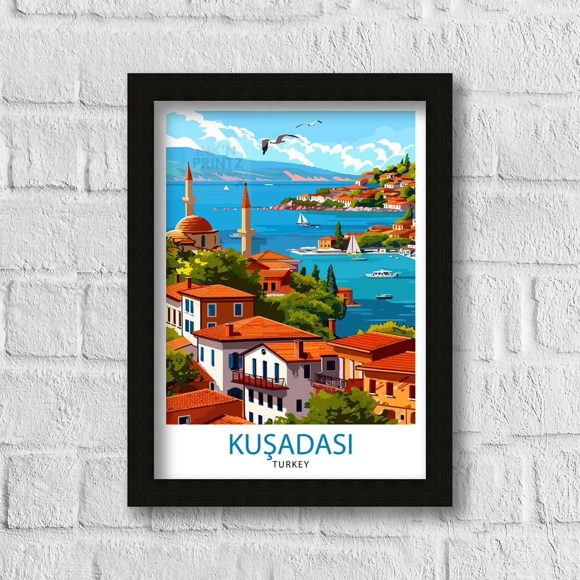 Kusadasi Turkey Coastal Old Town Minarets Sailboat Harbor Poster - Image 3