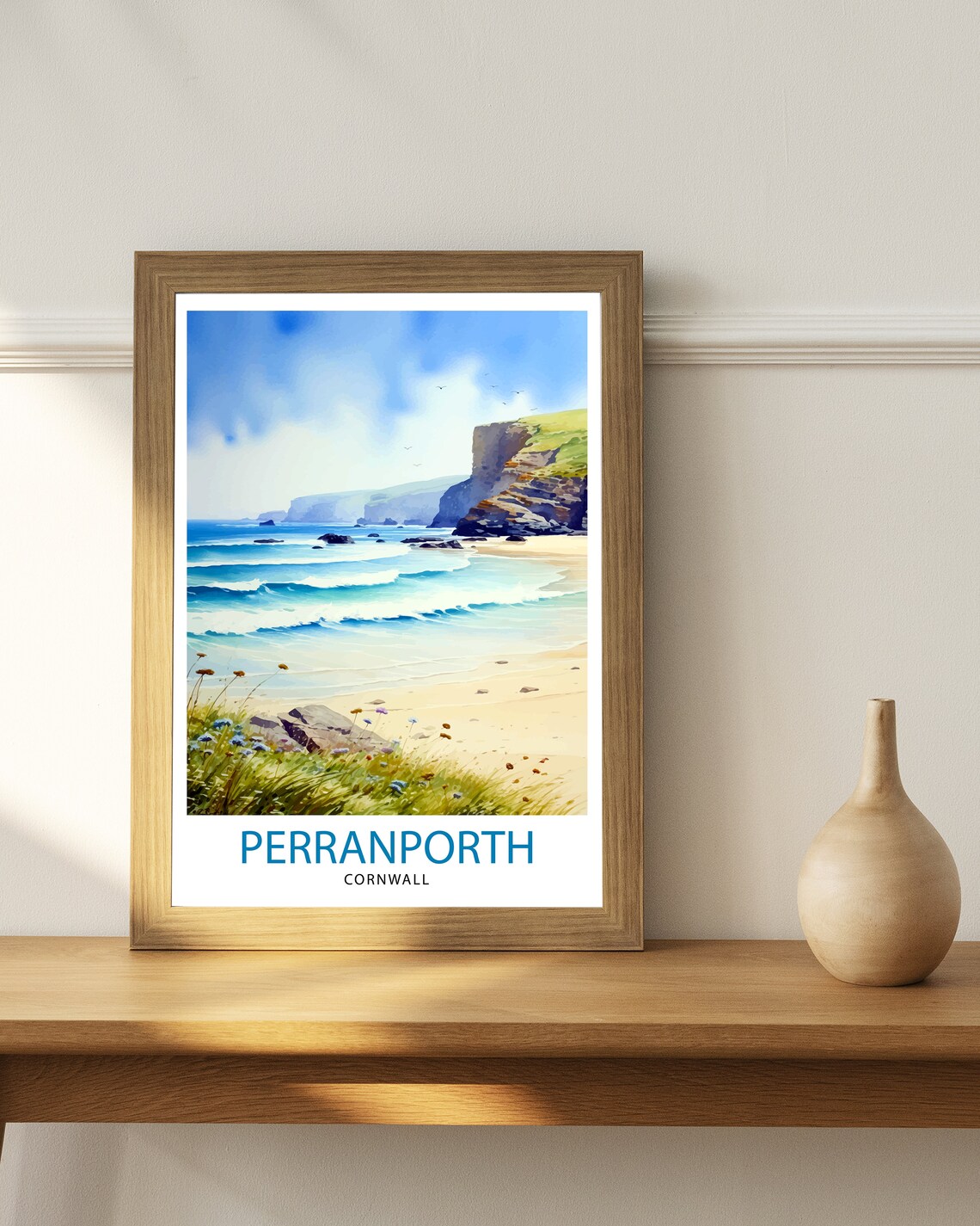 Perranporth Cornwall Beach Surf Rocky Headland Coast Art Poster - Image 2