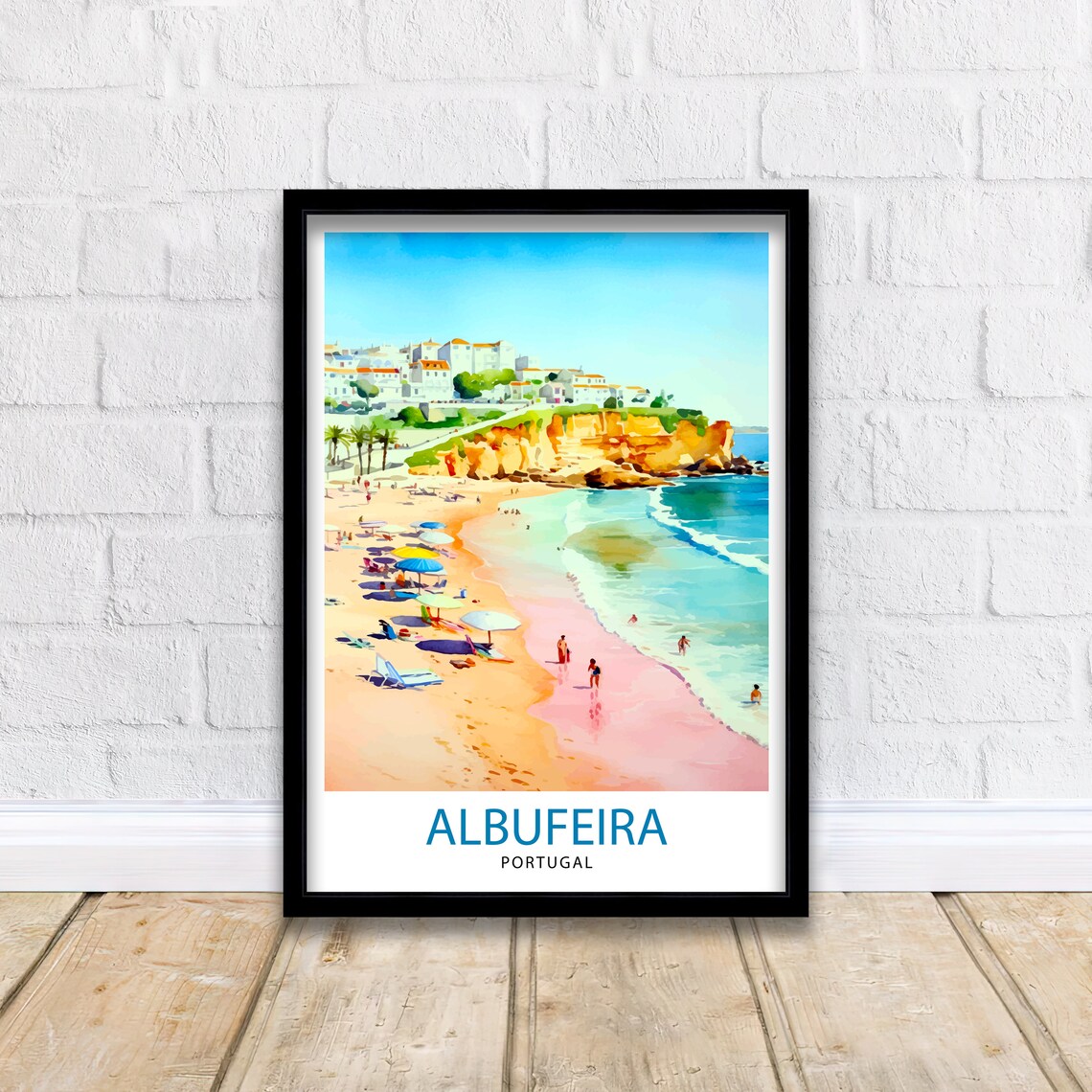 Albufeira Portugal Beach Umbrellas Cliff Town Watercolor Poster - Image 3