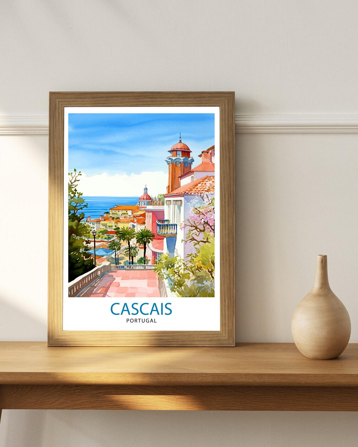 Cascais Portugal Watercolor Coastal Town Terrace Travel Poster - Image 2