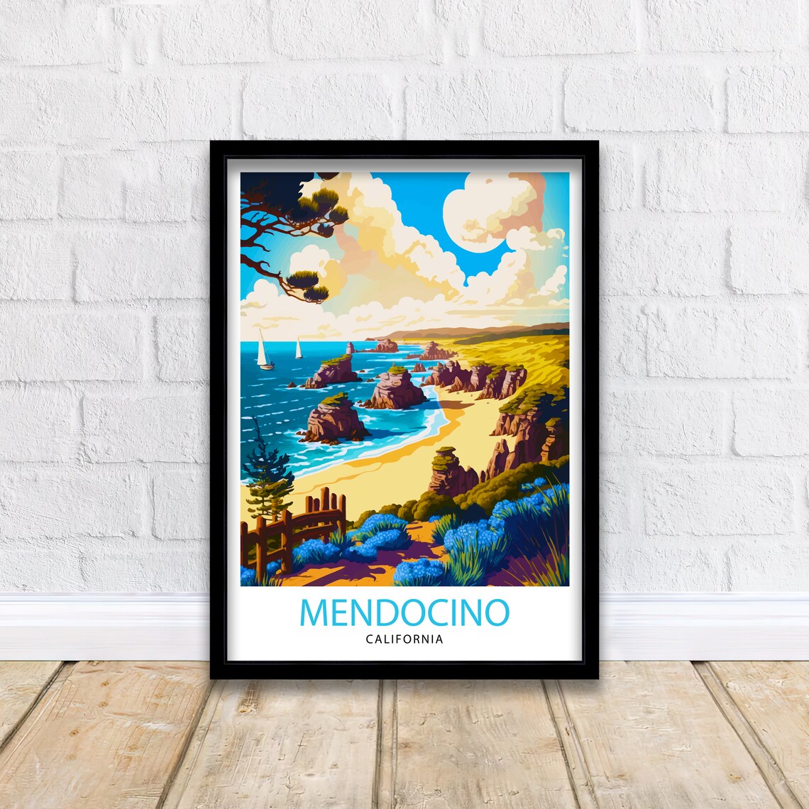 Mendocino California Rugged Coast Sea Stacks and Sailboats Poster - Image 2