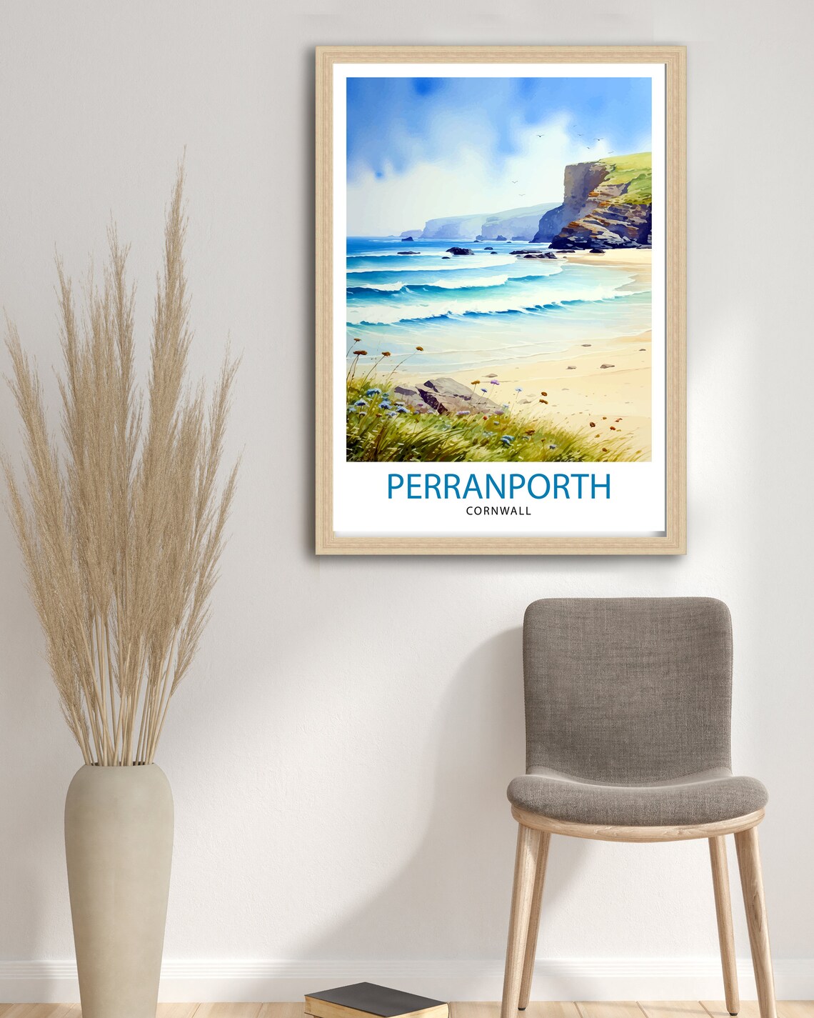 Perranporth Cornwall Beach Surf Rocky Headland Coast Art Poster - Image 3