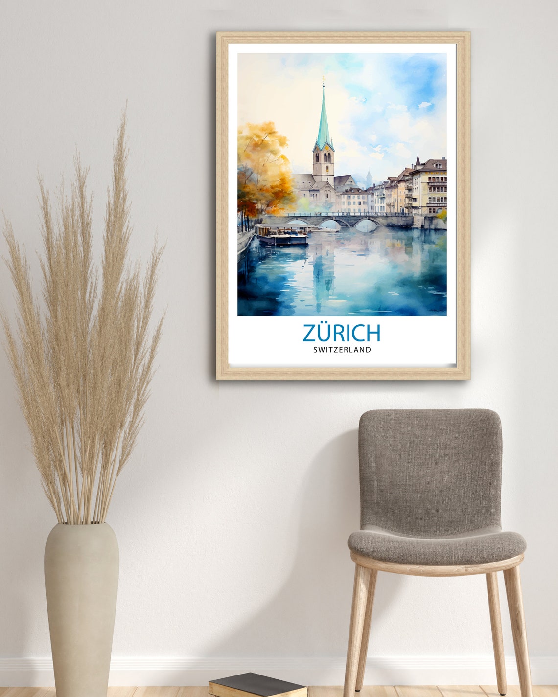Zurich Switzerland Historic River Church Watercolor Town Poster - Image 2