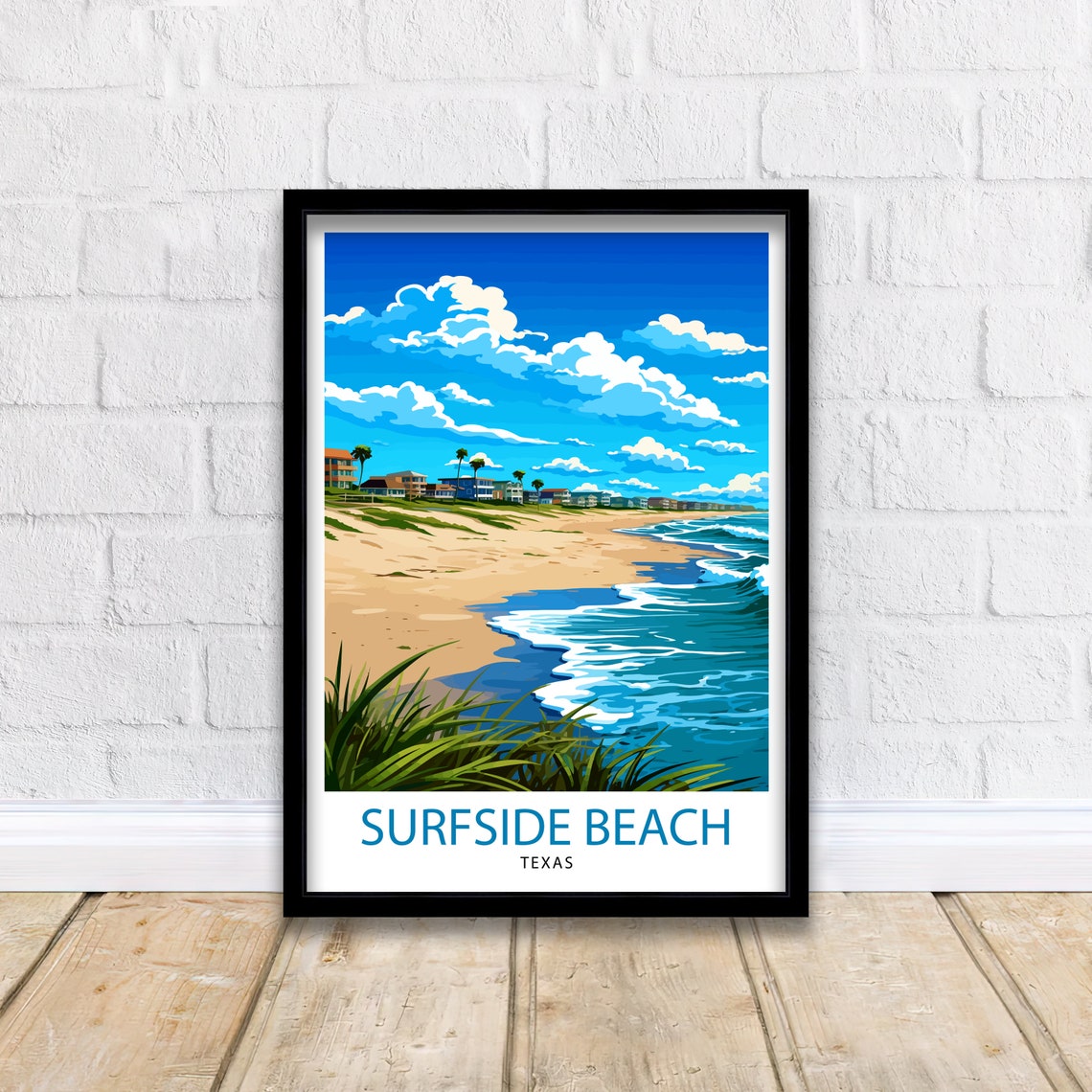 Surfside Beach Texas Wide Sandy Shore and Beach House Row Poster - Image 2