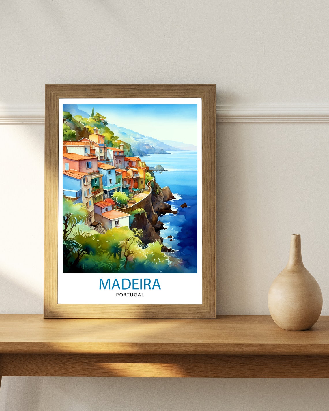Madeira Portugal Cliffside Village Ocean View Watercolor Poster - Image 2