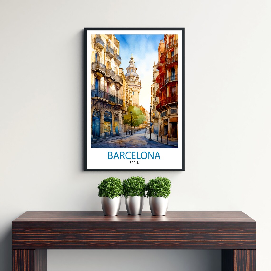 Barcelona Spain Old Town Cobblestone Street Watercolor Travel Poster - Image 3