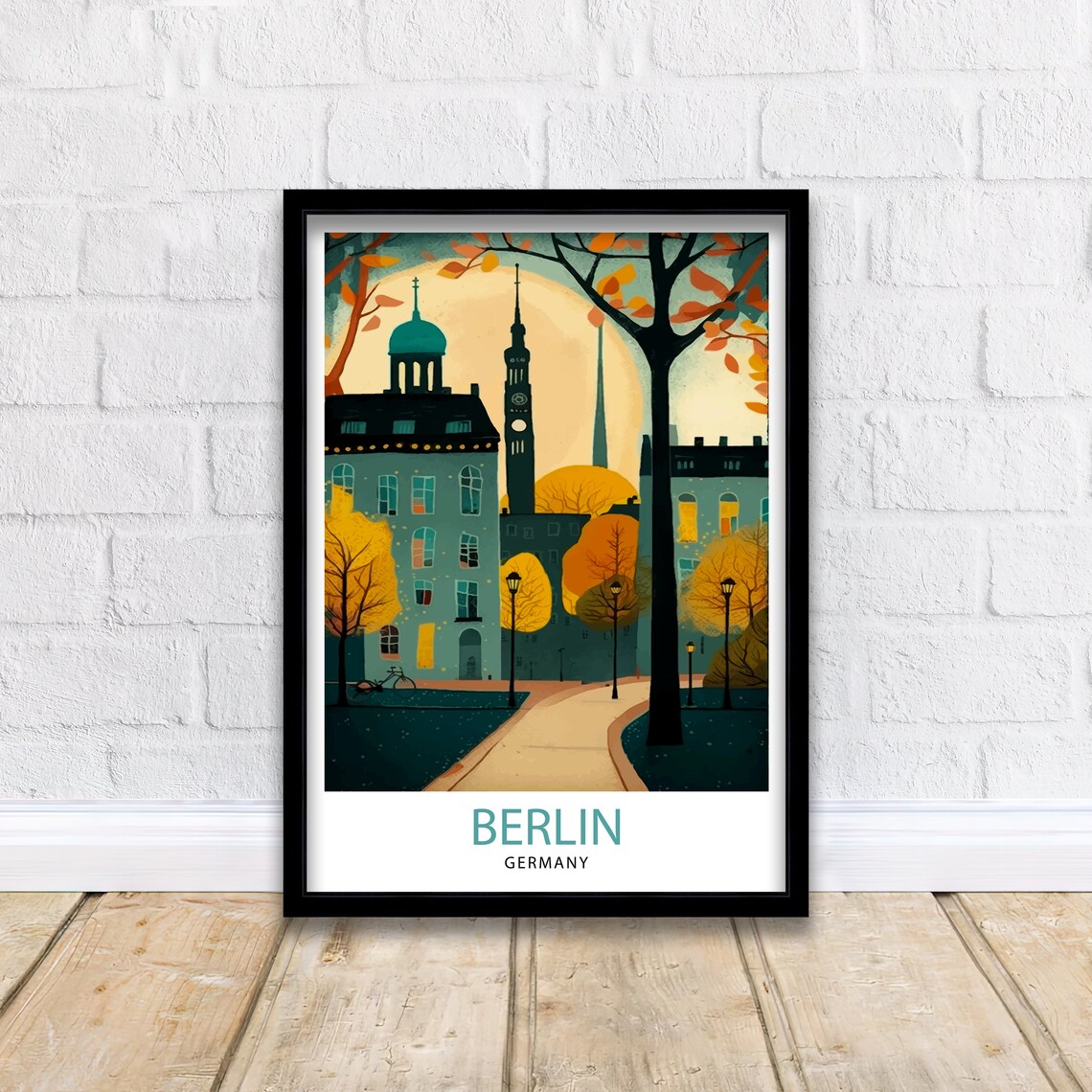 Berlin Germany Autumn City Park Church Spires Moonrise Travel Poster