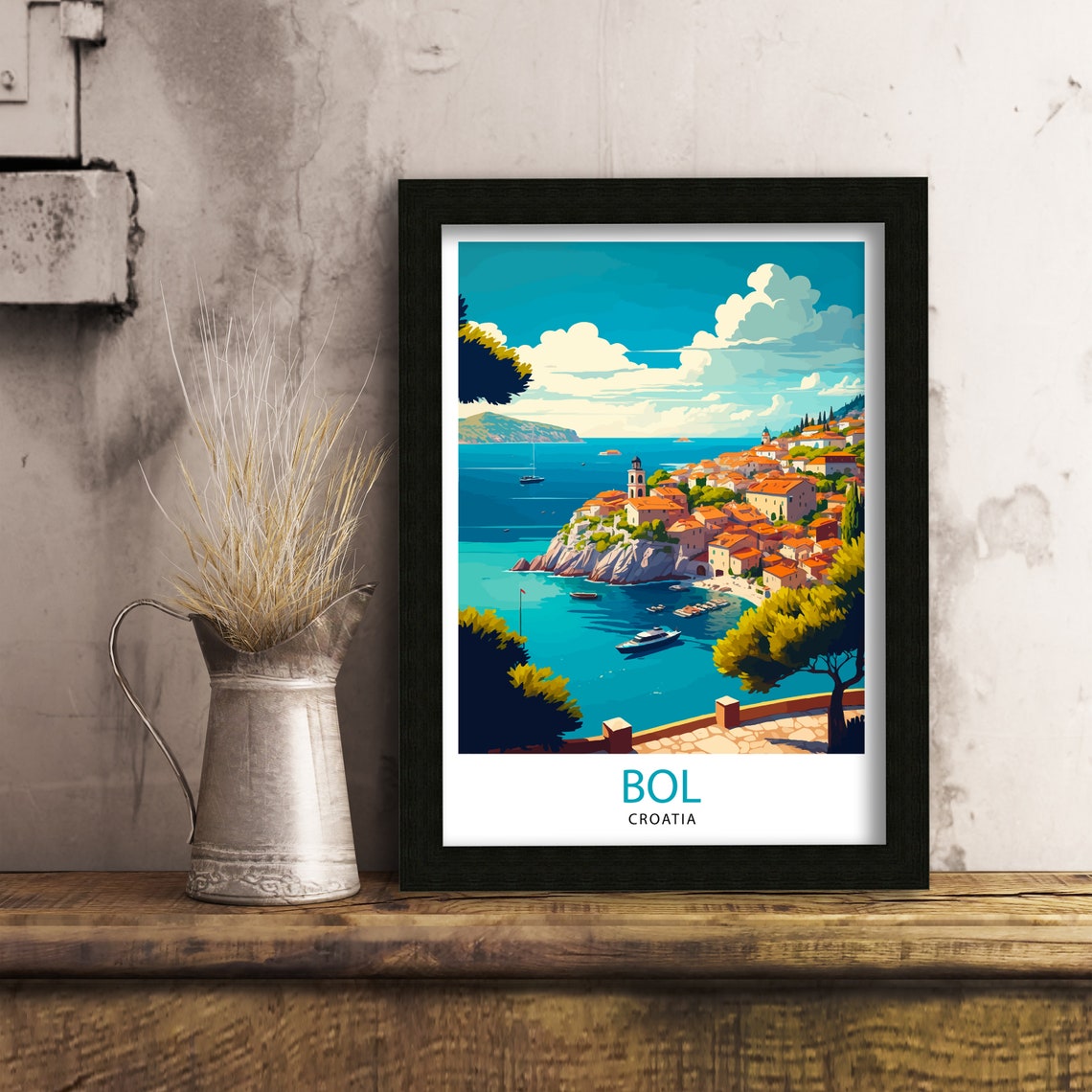 Bol Croatia Charming Seaside Old Town on Rocky Cliffs Poster - Image 2