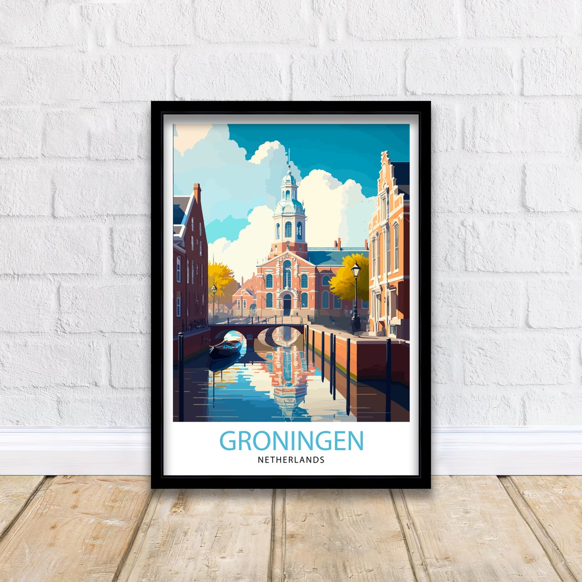 Groningen Netherlands Canal Town Church Tower Vintage Art Poster - Image 2