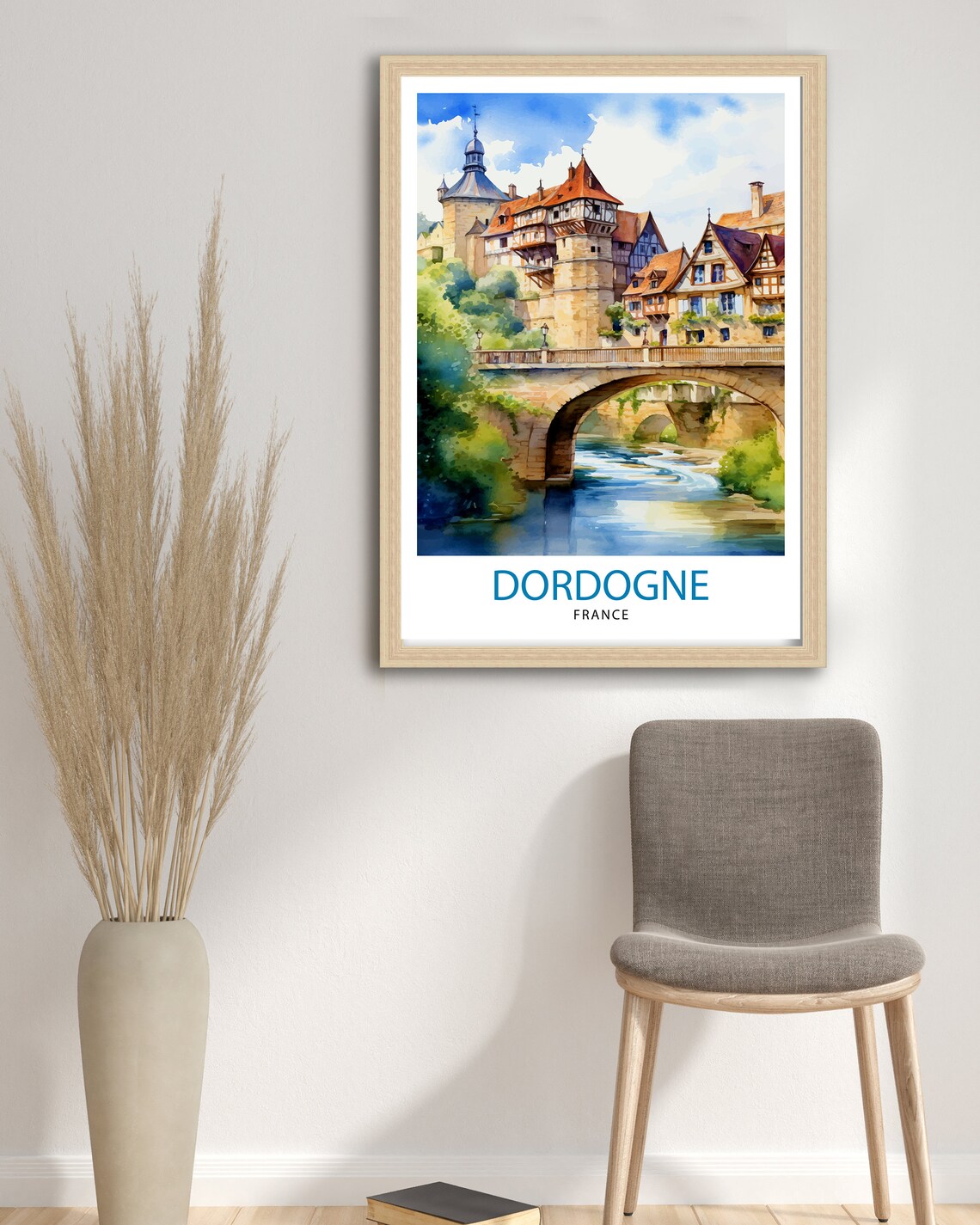 Dordogne France Riverside Medieval Town Watercolor Travel Poster - Image 3
