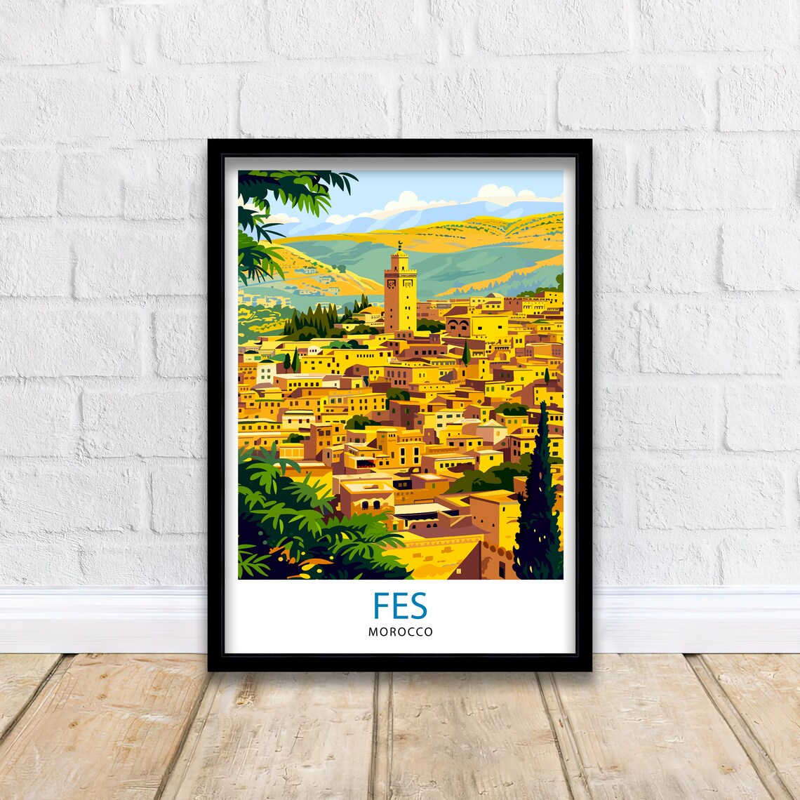 Fes Morocco Golden Medina Minaret Old City Vintage Travel Poster