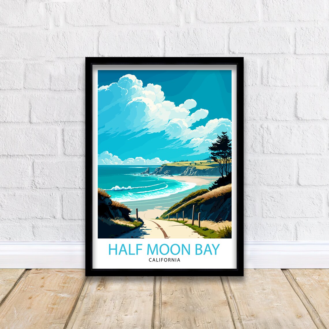 Half Moon Bay California Travel Poster, Coastal Illustration - Image 2