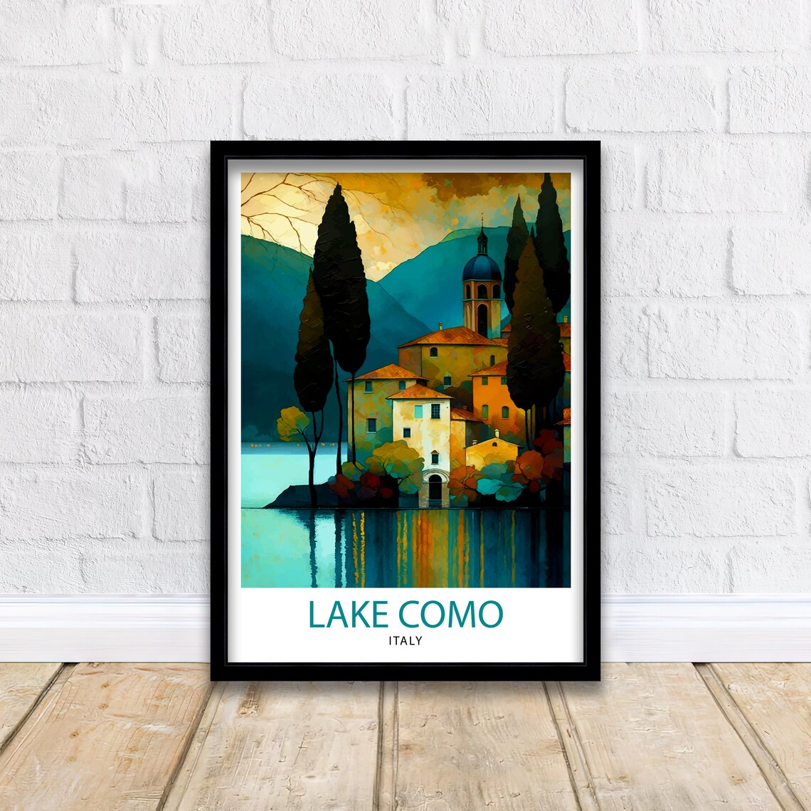 Lake Como Italy Painterly Lakeside Village Cypress Art Poster - Image 2
