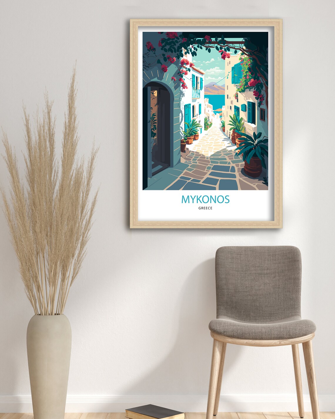 Mykonos Greece Whitewashed Alley Bougainvillea Sea View Travel Poster - Image 3