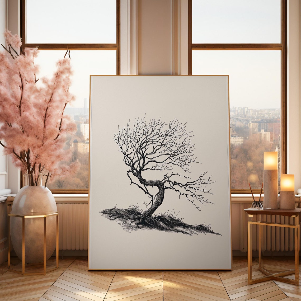 Bare Tree Ink Sketch Windswept Branches Neutral Nature Poster