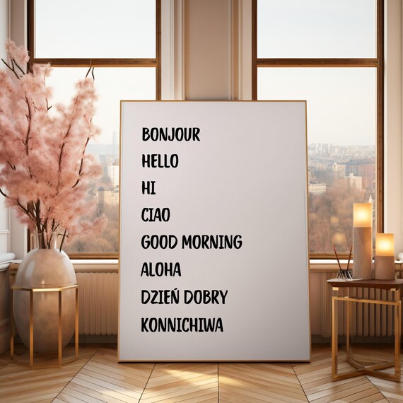 Hallway Welcome Print Hey Hi Hello Hola Entryway Ciao Poster Bold Typography Print Language Poster Typography Wall Art Welcome Sign
