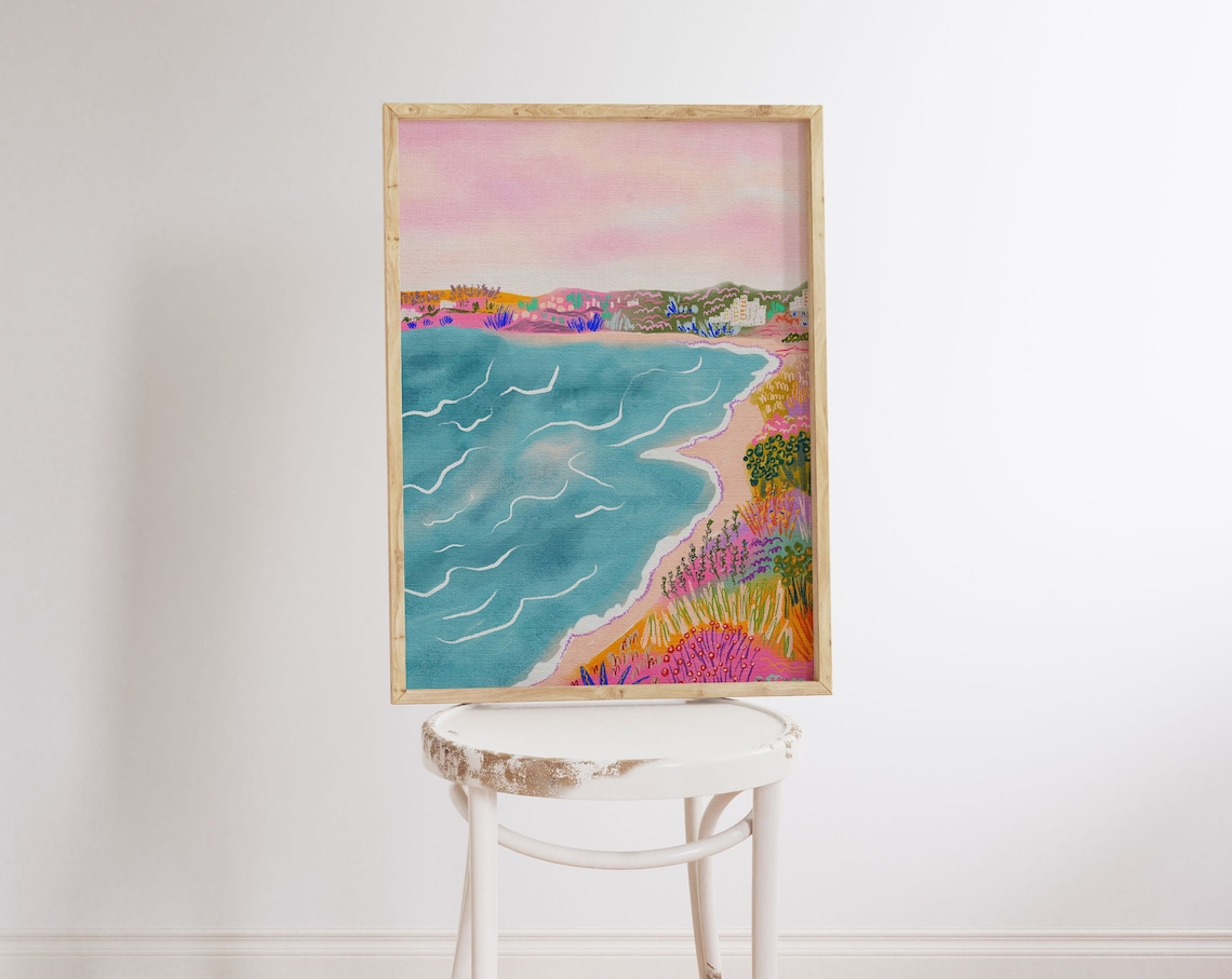 Seascape Watercolor Painting, Colorful Beach Art Print