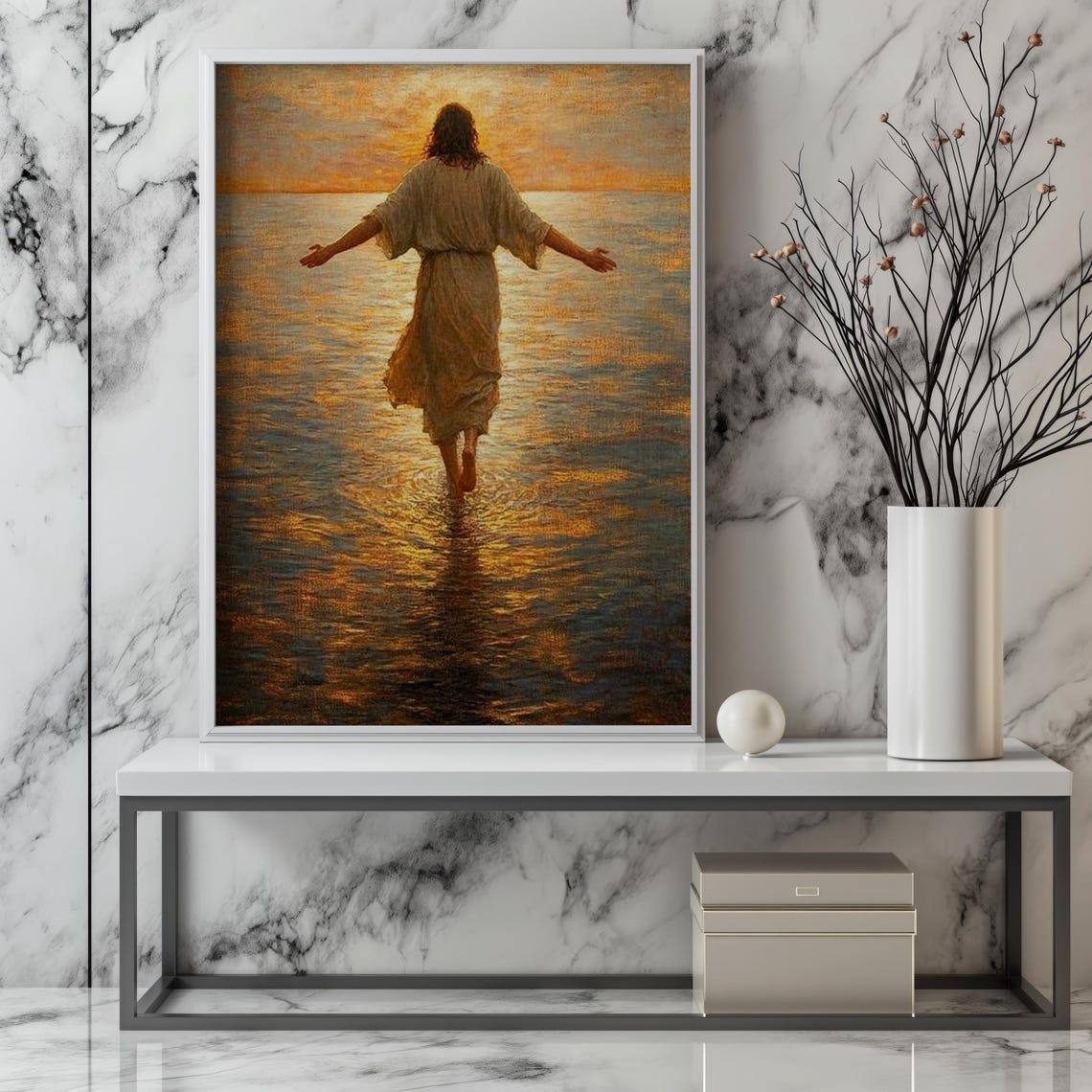 Jesus Walking On Water Golden Sunset Arms Open Wide Faith Poster - Image 2