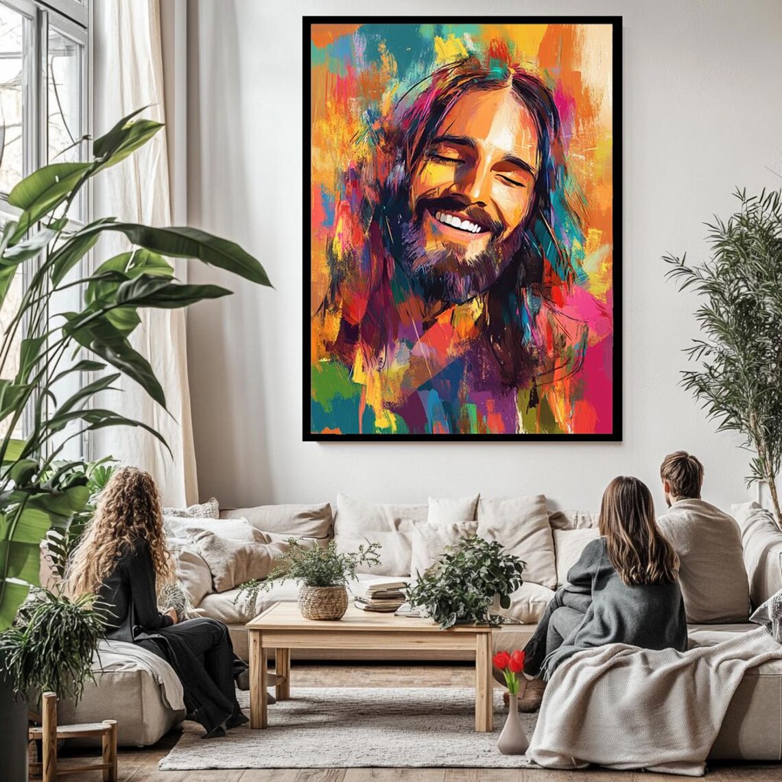Smiling Jesus Christ Eyes Closed Vibrant Abstract Color Portrait Poster - Image 3