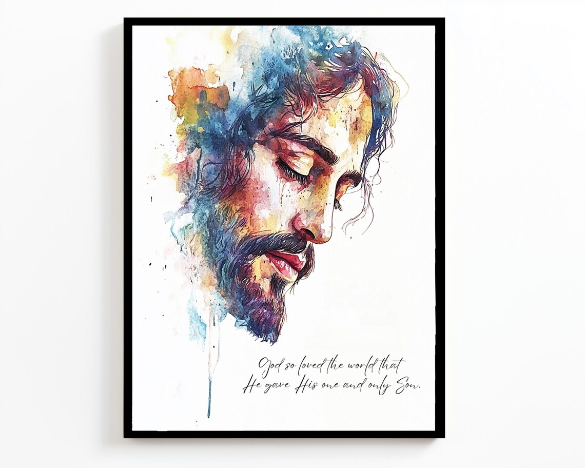 Jesus Christ Watercolor Portrait With Bible Verse John Three Sixteen Poster - Image 4
