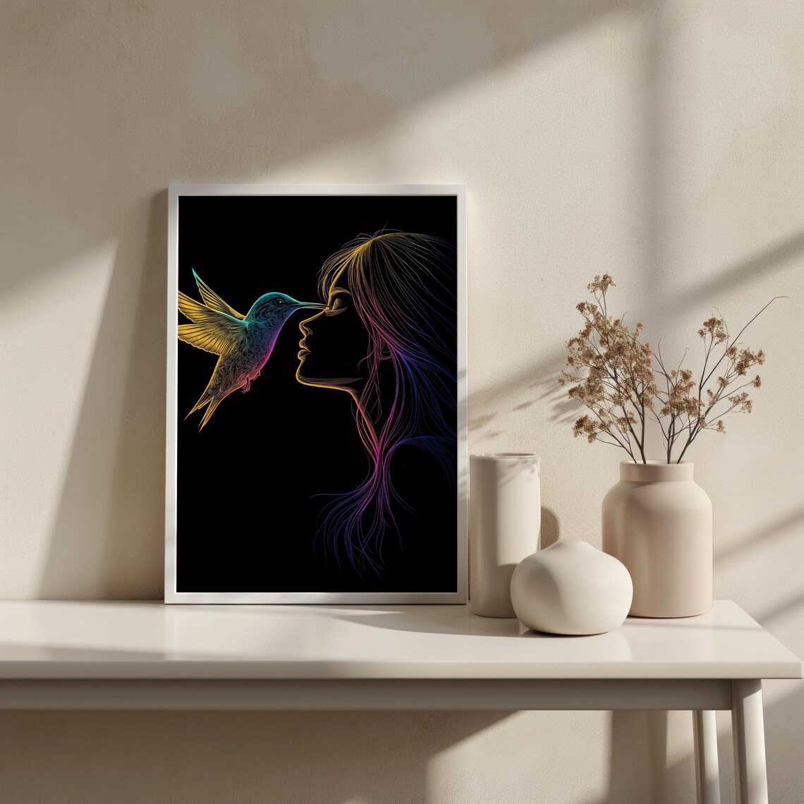 Neon Hummingbird Woman Silhouette Colorful Line Art Black Wall Art - Image 4