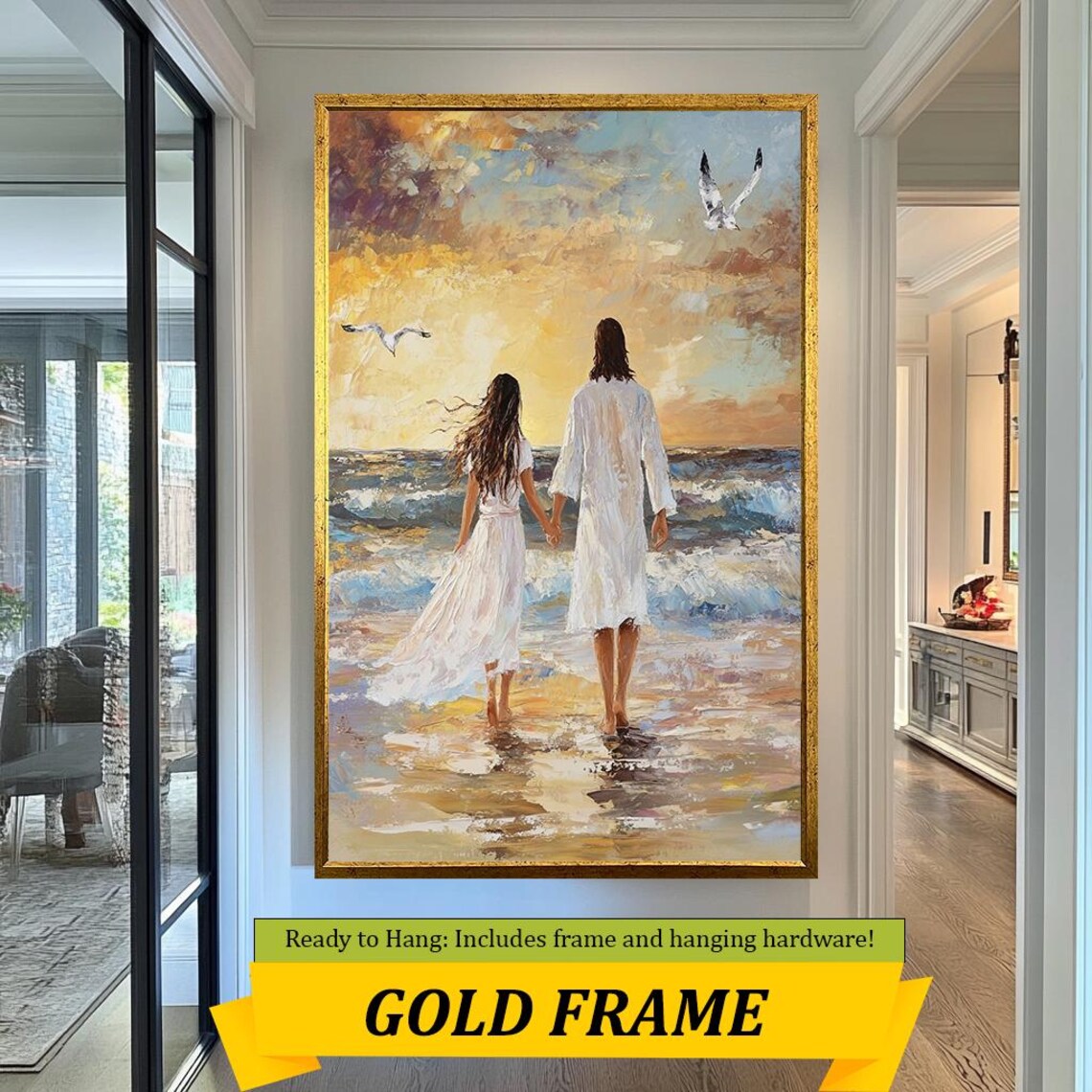 Jesus Walking Hand In Hand With Woman Sunset Beach Romantic Coastal Poster - Image 5