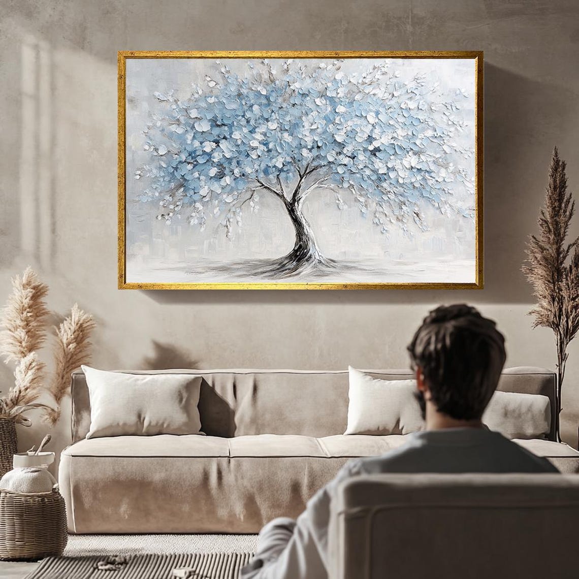 Blue Tree Textured Palette Knife Painting White Light Background Print - Image 3
