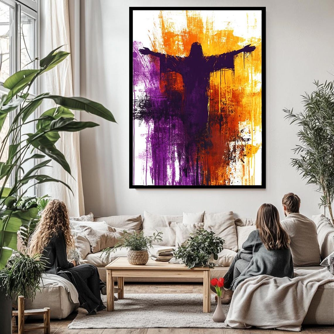 Jesus With Open Arms Orange Purple Abstract Dripping Paint Poster - Image 3