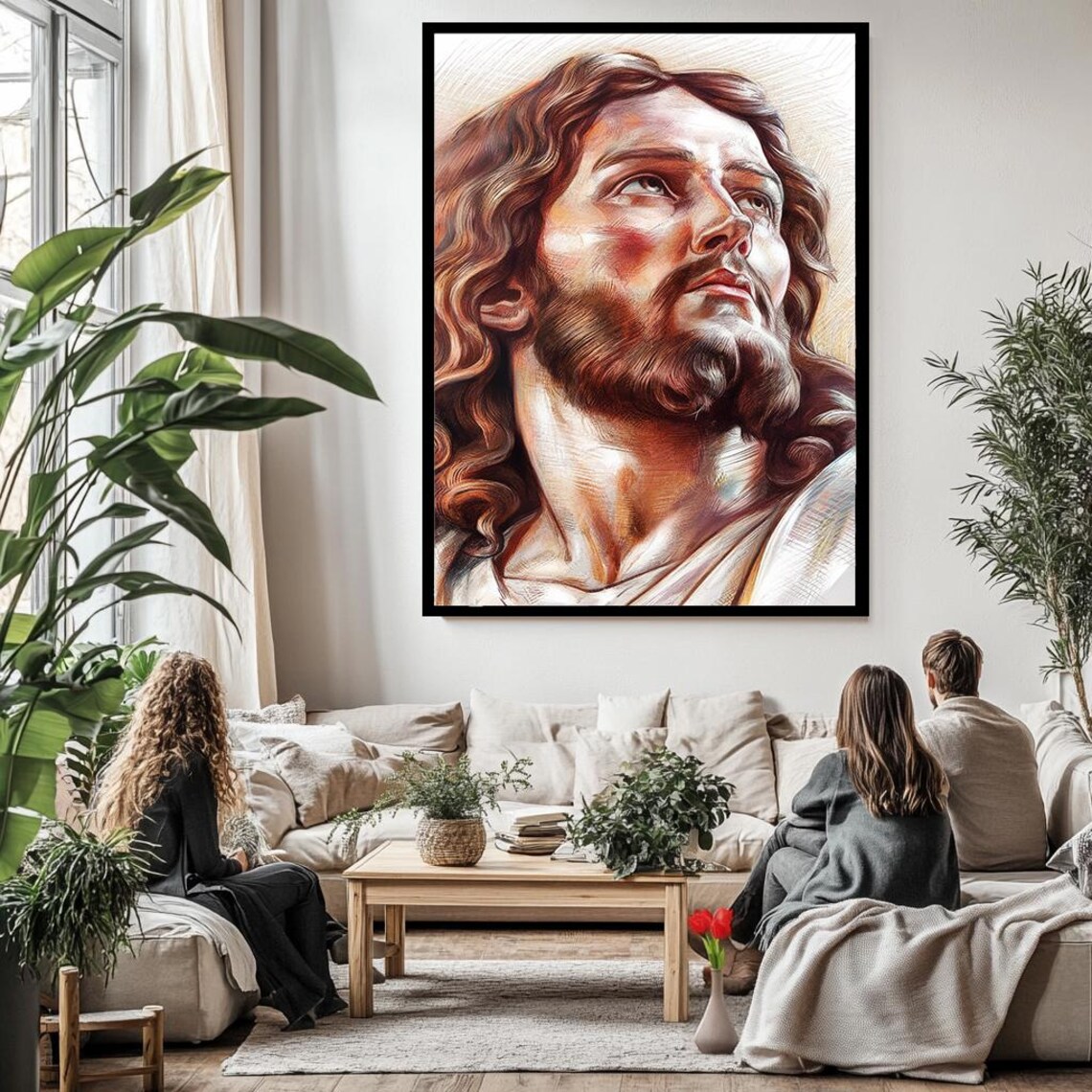 Jesus Christ Looking Heavenward Warm Colored Pencil Portrait Sketch Print - Image 3