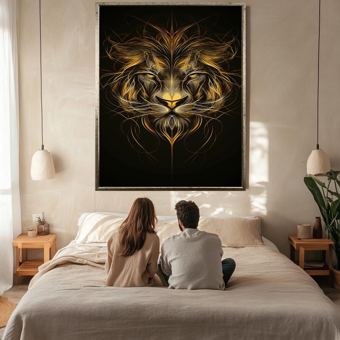 Golden Lion Face Line Art Majestic Wildlife Black Gold Animal Poster - Image 2