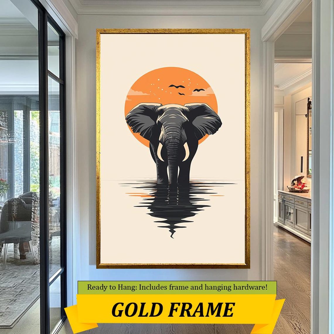 Minimalist Elephant Orange Sun Silhouette Water Reflection Art Poster - Image 5