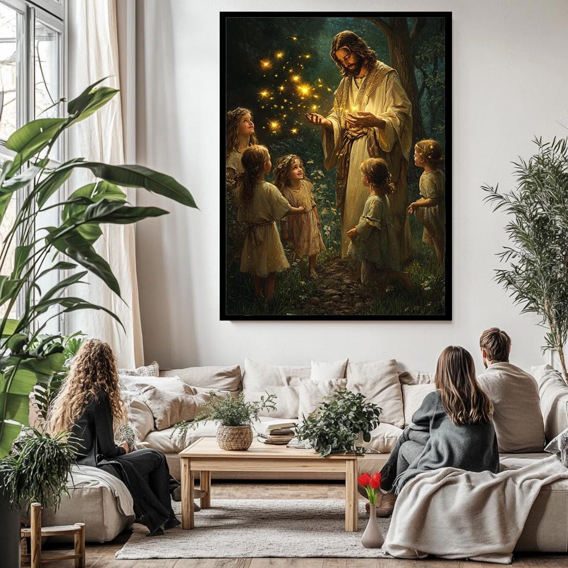 Jesus Sharing Glowing Lights With Children In Dark Forest Night Poster - Image 3