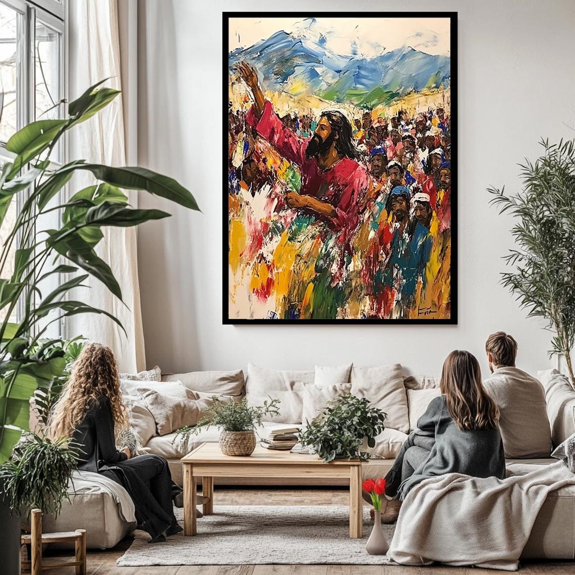 Jesus Preaching To The Crowd Colorful Impasto Mountain Sermon Poster - Image 3